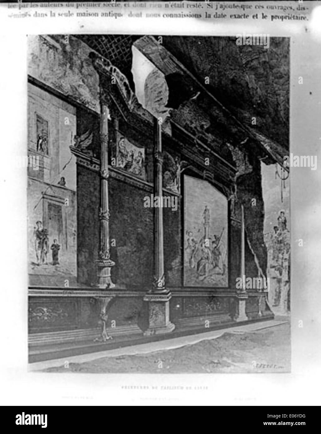 Fresque du Tablinum de Tite-Live à Pompéi, représentant des scènes de la vie romaine. Cette œuvre met en valeur la couleur vibrante et le design complexe caractéristiques des fresques romaines, offrant un aperçu de la vie quotidienne et du style artistique de l'ancienne Pompéi. Banque D'Images