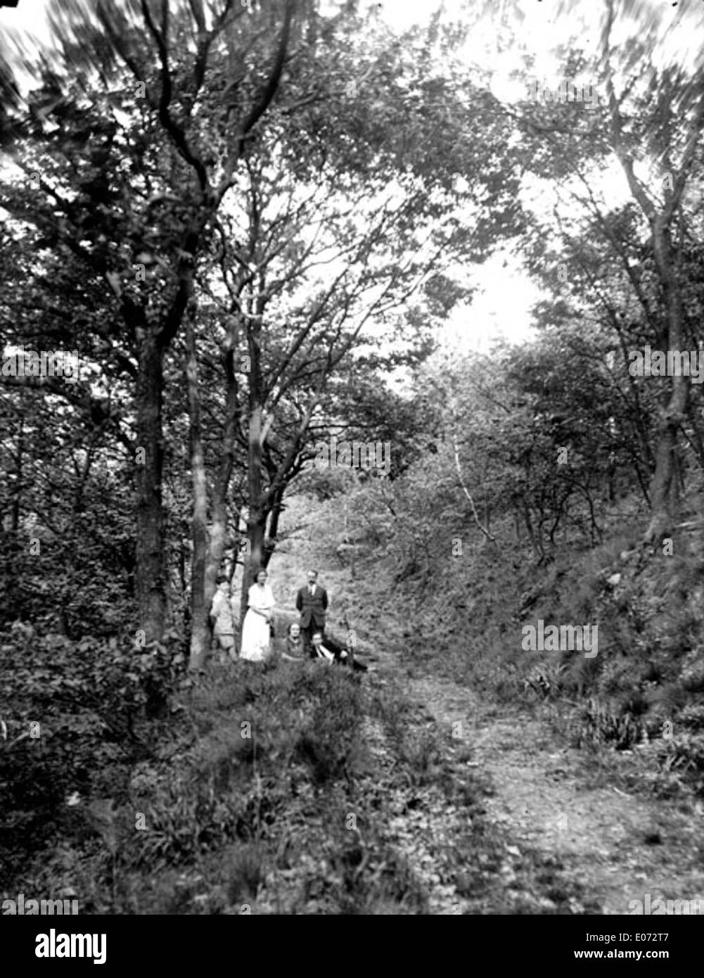 'Promenade en famille dans les bois' est une peinture représentant une famille se promenant tranquillement dans une forêt. L'œuvre d'art capture l'atmosphère sereine de la nature, avec les figures soulignant un lien avec le monde naturel. Banque D'Images