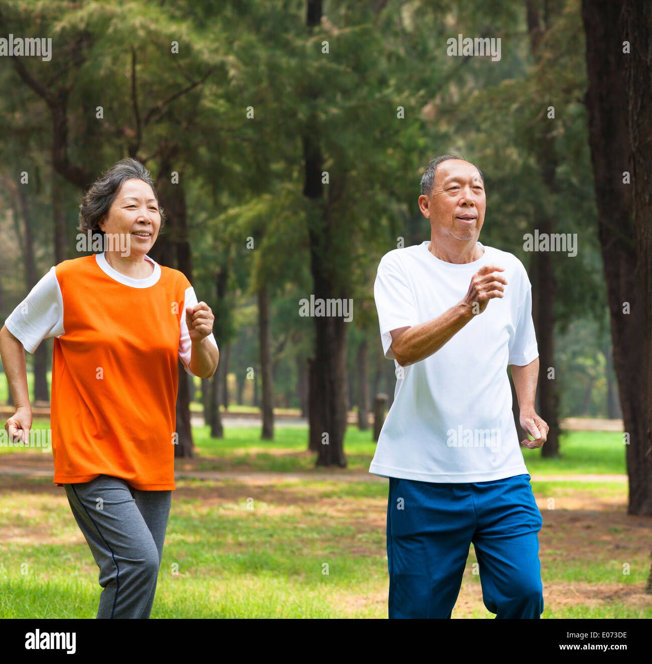 Happy senior couple jogging ensemble dans le parc Banque D'Images
