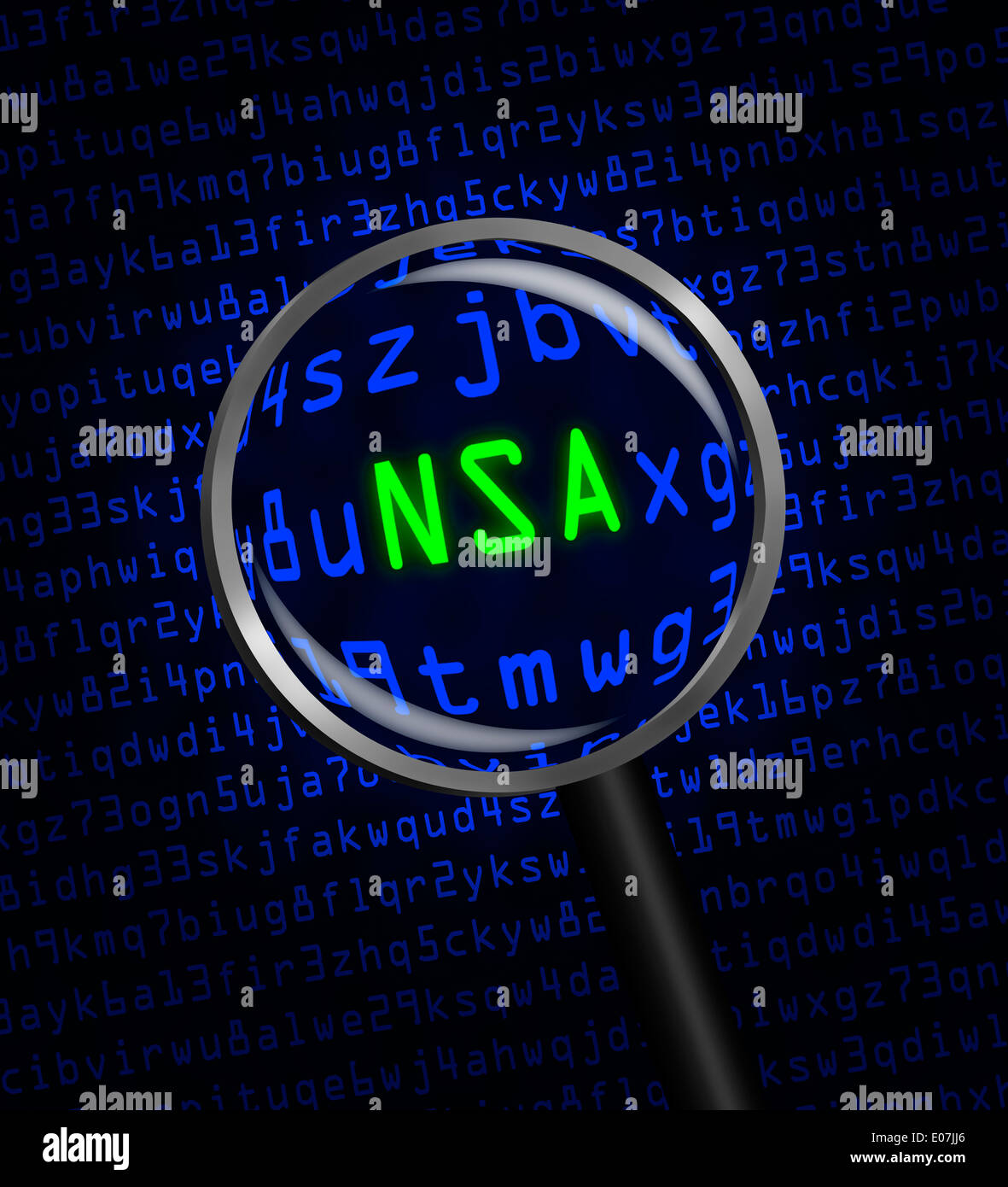 "NSA" en lettres vertes révélé en code machine ordinateur bleu à travers une loupe. Fond sombre. Banque D'Images