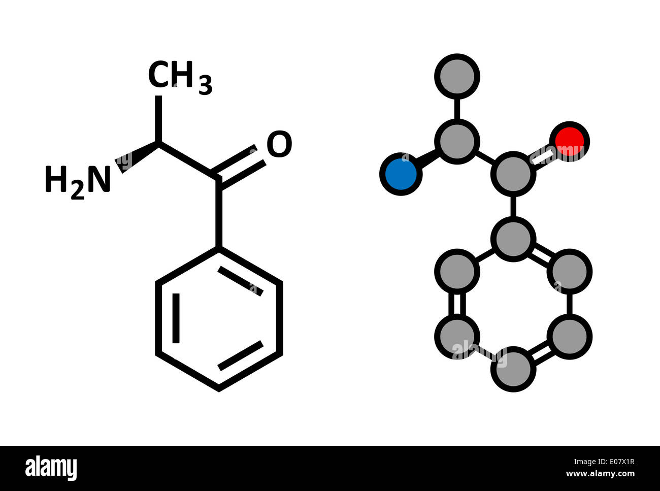 La cathinone molécule stimulant de khat. Présent dans le khat (Catha edulis). Rendu 2D stylisée et conventionnelle formule topologique. Banque D'Images