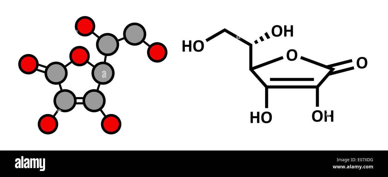 La vitamine C (acide ascorbique, ascorbate) molécule. Rendu 2D stylisée et conventionnelle formule topologique. Banque D'Images