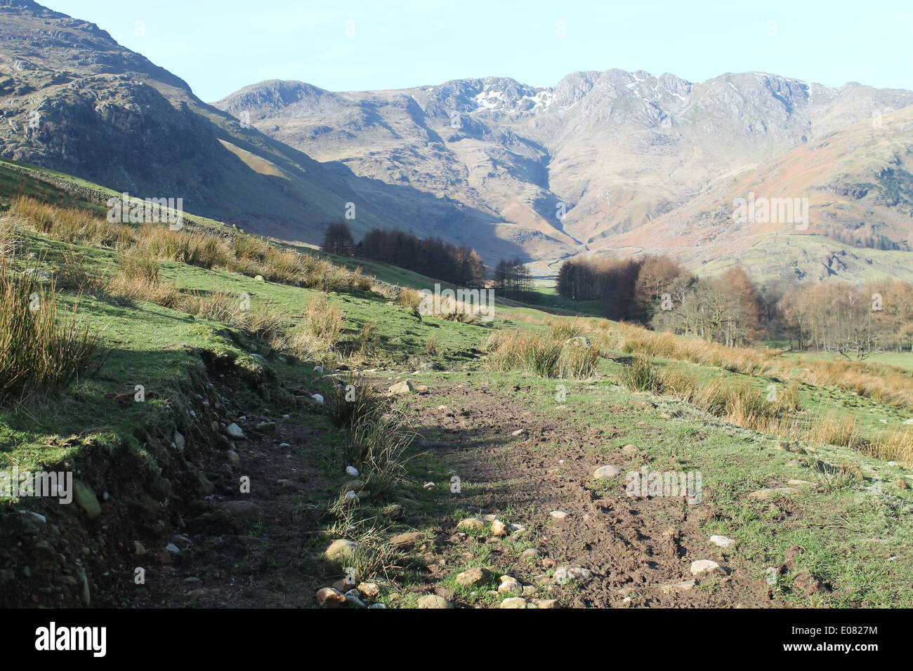 Marcher le long de Great Langdale sous Lingmoor, vers Pike O Blisco, Crinkle Crags, la bande et Bow ont chuté Banque D'Images