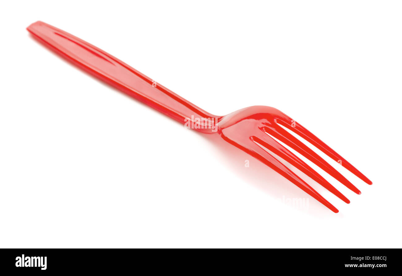 Fourchette en plastique rouge isolated on white Banque D'Images