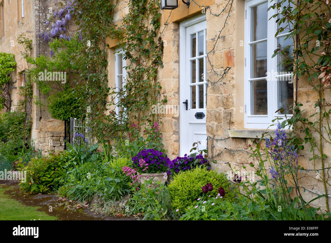 Pretty Cotswold cottage avec bordure à floraison printanière, Stanton, Gloucestershire, Angleterre. Banque D'Images