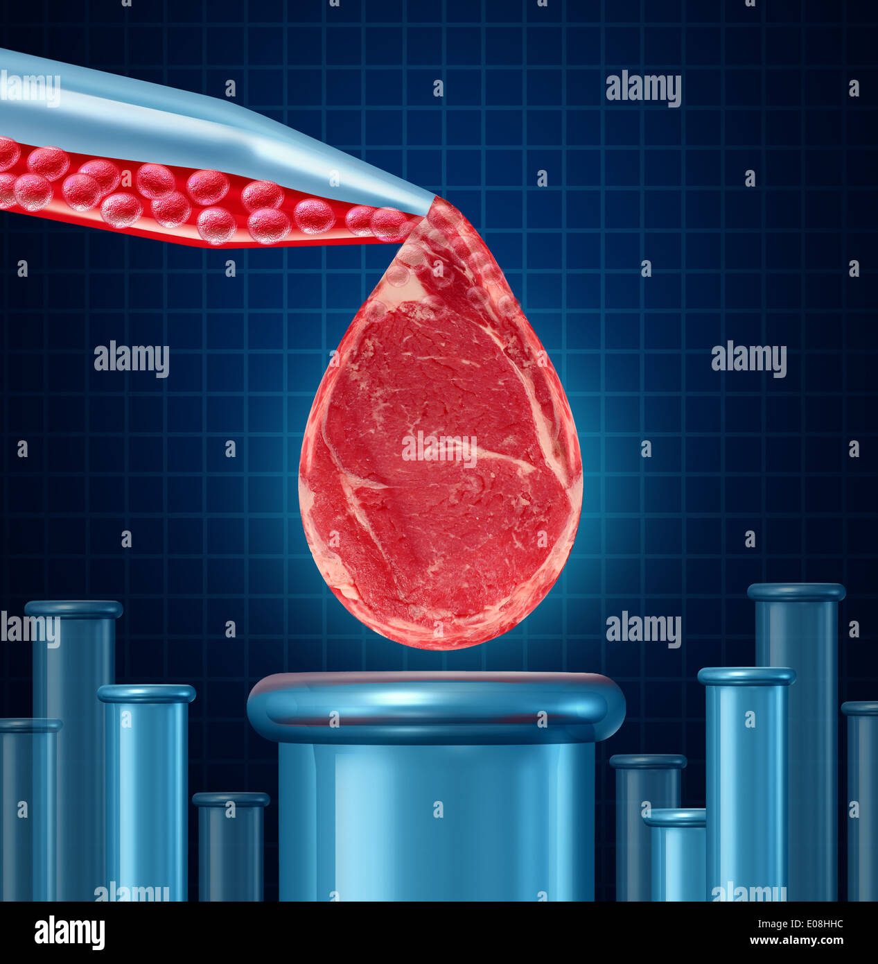 Concept de la viande cultivée en laboratoire comme matériel de laboratoire les boeuf artificiel en cultivant dans les tissus d'origine animale vtro résultant en synthétique sans cruauté que protien est comestible comme un symbole de l'avenir en génie de la technologie. Banque D'Images Concept de la viande cultivée en laboratoire comme matériel de laboratoire les boeuf artificiel en cultivant dans les tissus d'origine animale vtro résultant en synthétique sans cruauté que protien est comestible comme un symbole de l'avenir en génie de la technologie. Banque D'Images
