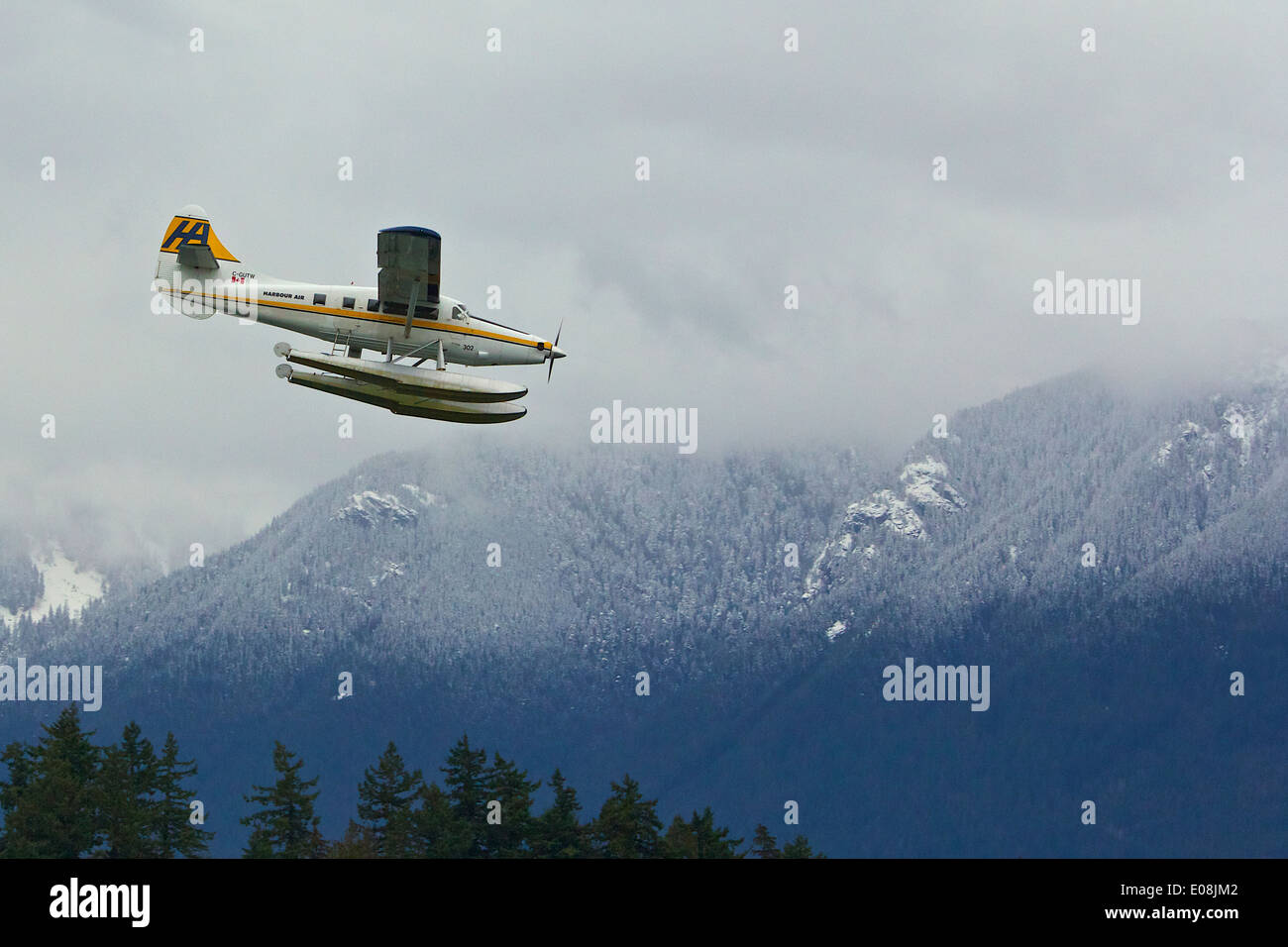 Harbour Air Seaplanes de Havilland Canada Turbo Otter hydravion survolant la campagne en Colombie-Britannique, Canada. Banque D'Images