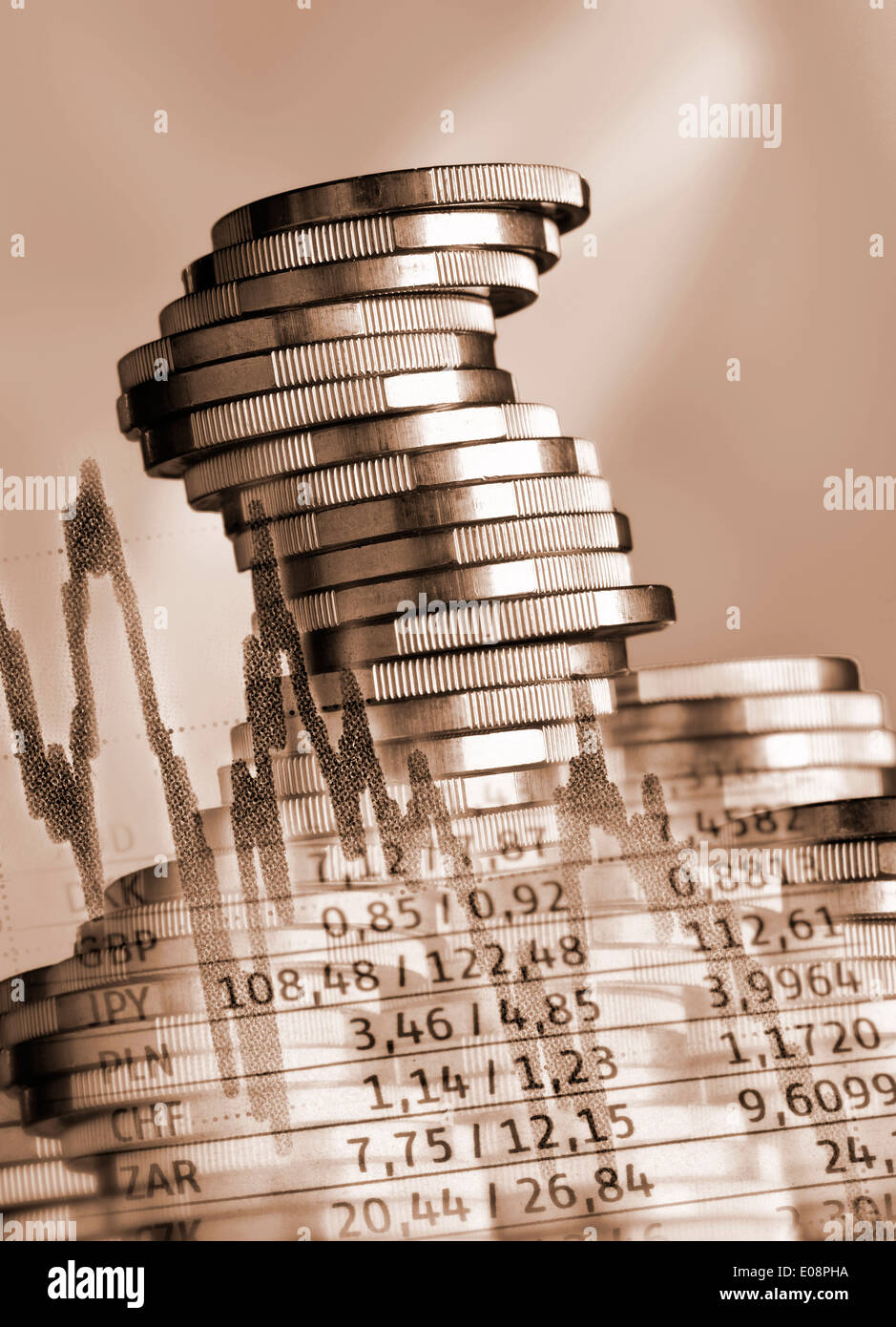Pièces empilées et les taux de change Banque D'Images