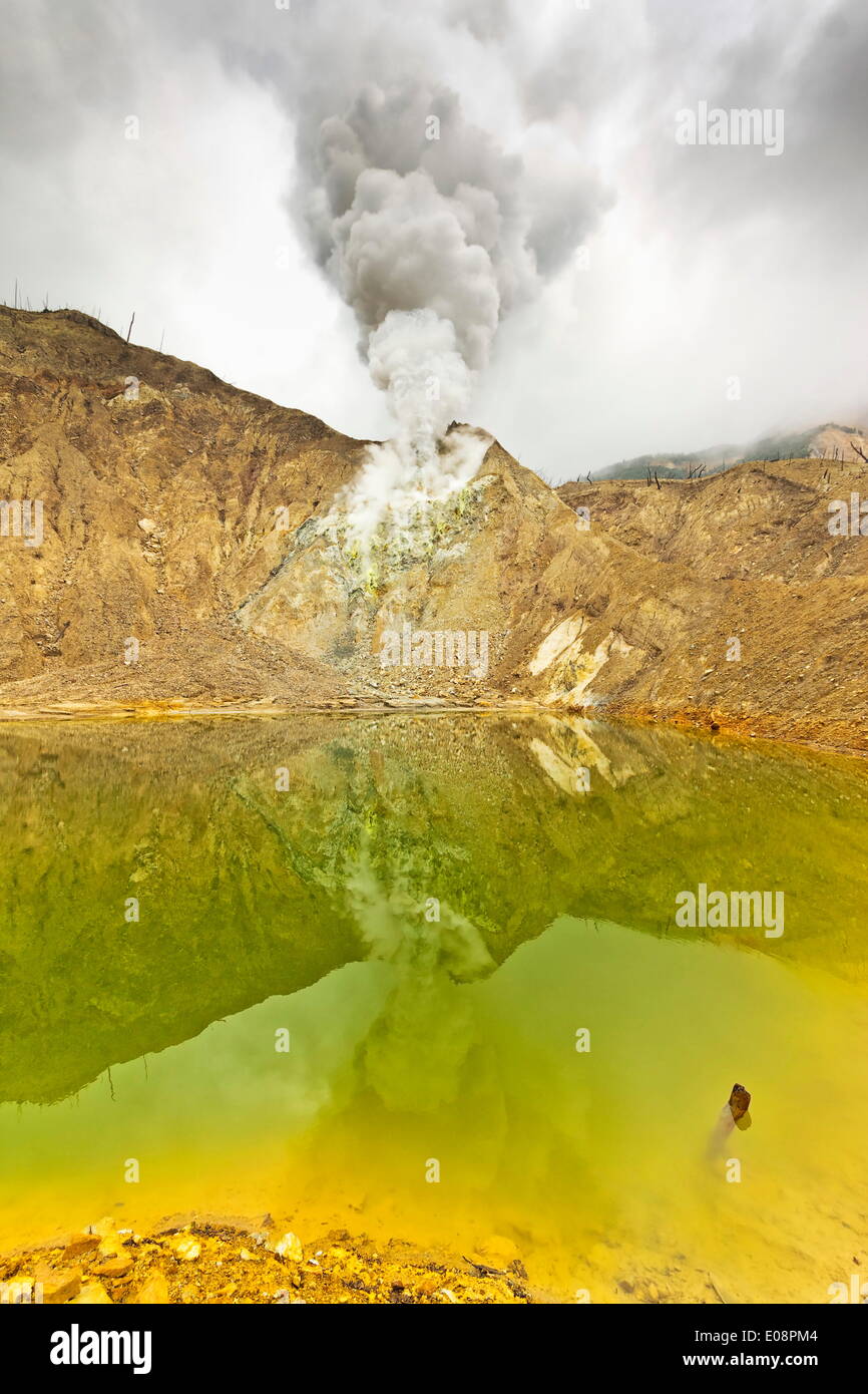 Lac de cratère vert et fumante fumerolles au volcan Papandayan, activement quatre cratères caldera, Garut, West Java, Java, Indonésie, Asie du Sud, Asie Banque D'Images