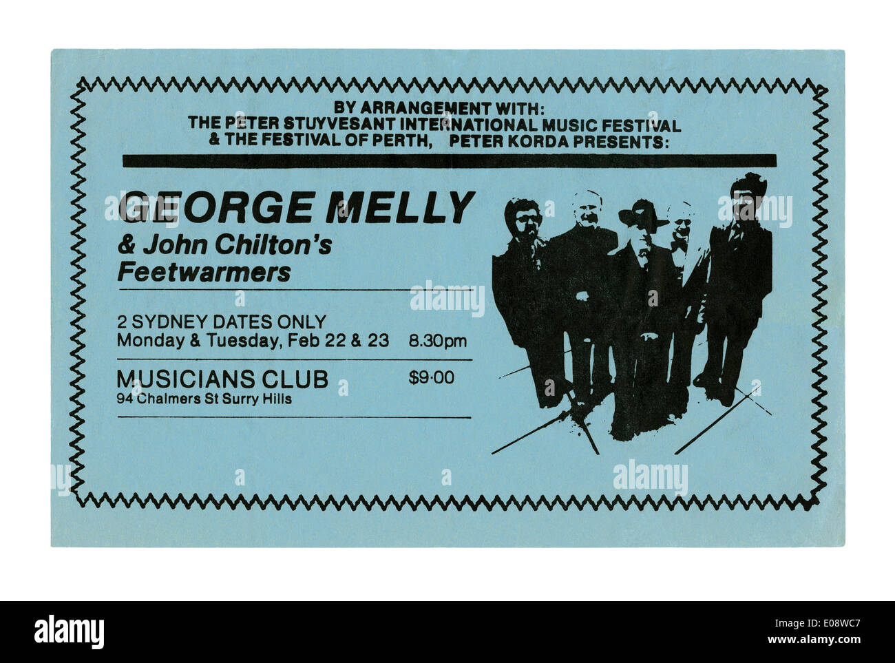 Prospectus pour un concert à Sydney, Australie, 1982 par British jazz and blues band George Melly et John Chilton's Feetwarmers Banque D'Images