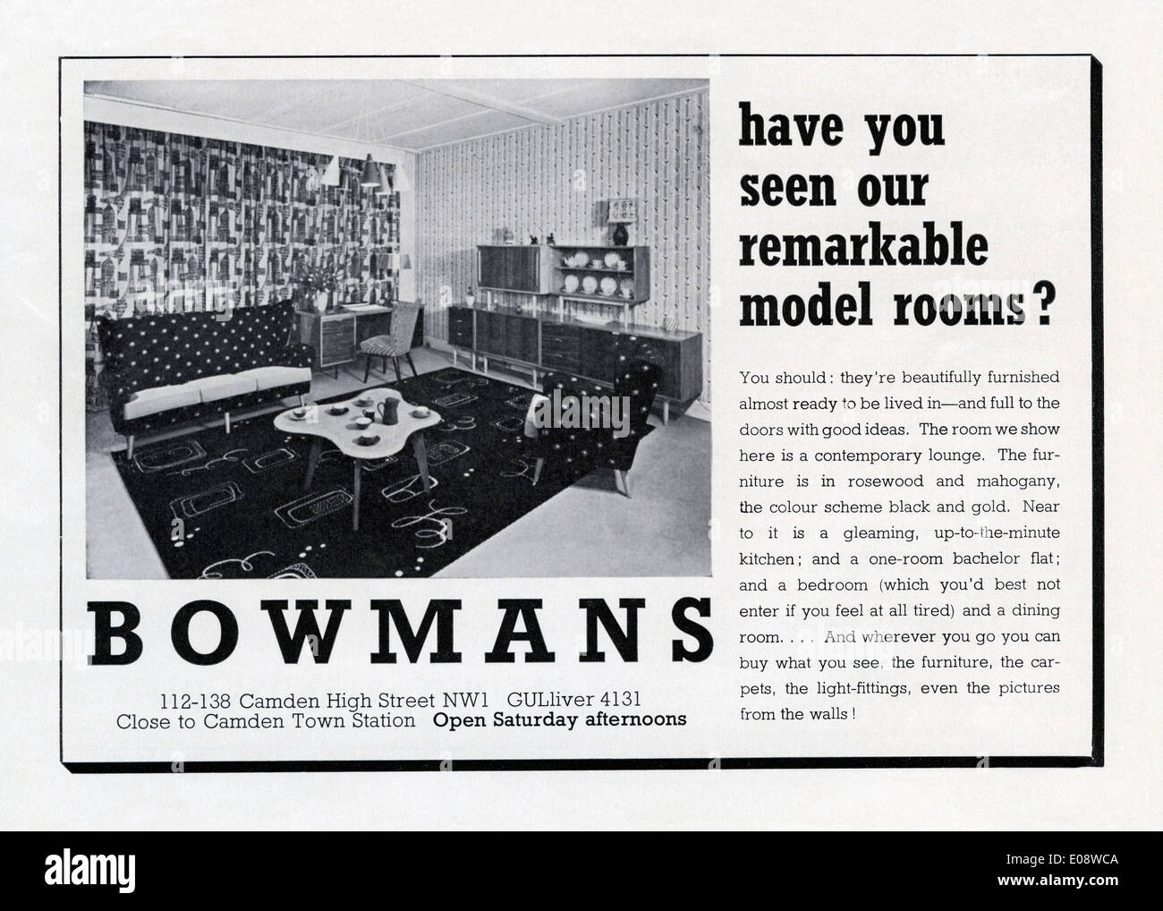 Ancienne publicité pour Bowmans meubles - chaises, tables, bureaux et buffets à leur showroom, Camden High Street, Londres en 1956 Banque D'Images