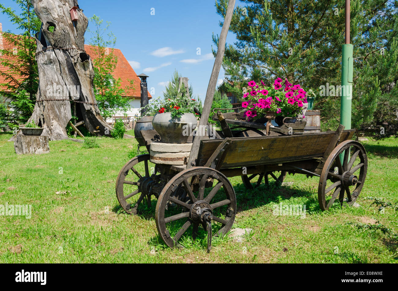 Transport rural rustique en bois ancien avec la composition de fleurs d'été village park Banque D'Images