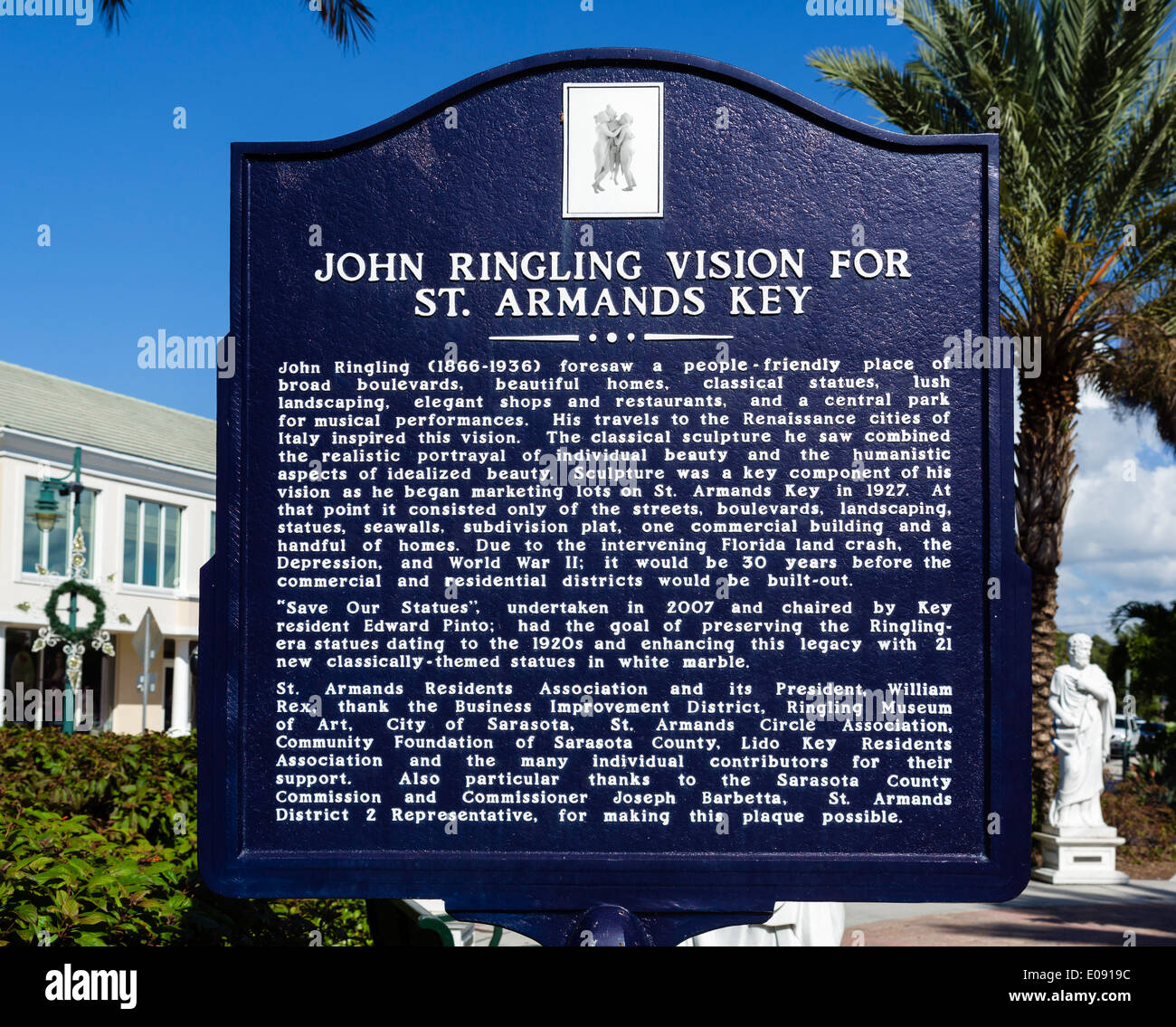Plaque d'information décrivant la vision de John Ringling pour St Armand's Key, St Armand's Circle, Sarasota, la Côte du Golfe, Florida, USA Banque D'Images