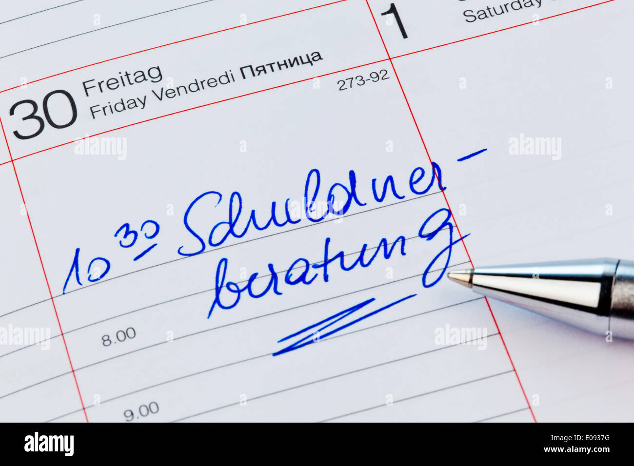 Entrée, calendrier de consultation du débiteur, photo symbolique et la pauvreté de l'insolvabilité privée de fue, Kalender, Eintrag Schuldnerberatung, S Banque D'Images