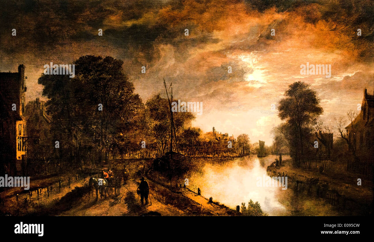 Aert van der Neer 1603-1677 Paysage au clair de lune avec une route à côté d'un canal ca. Néerlandais Pays-Bas 1645-1650 Banque D'Images