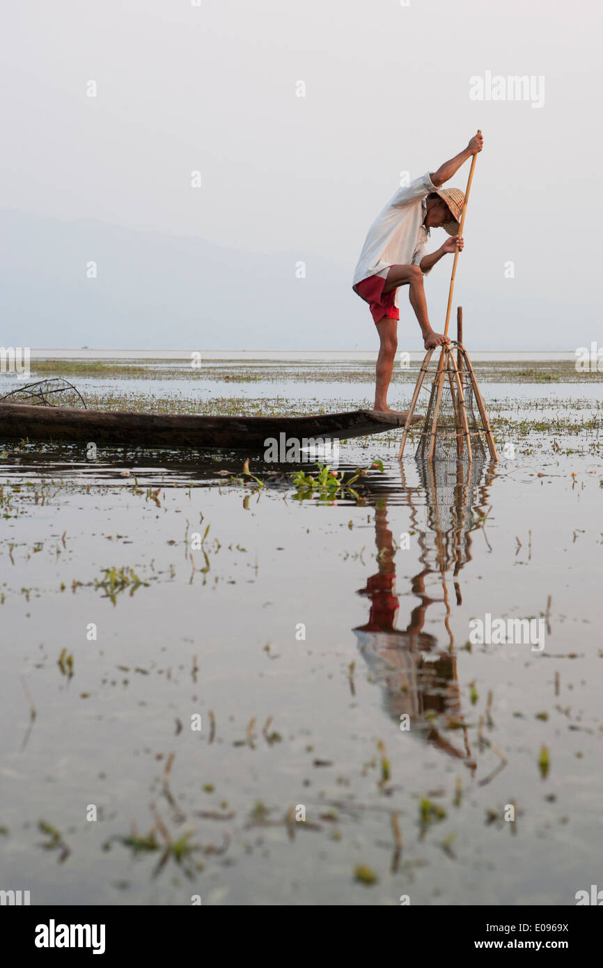 En Asie du sud-est de l'État Shan en Birmanie Myanmar Lac Inle jambe Nyaungshwe ethnie Intha aviron au crépuscule coucher de pêcheurs Les pêcheurs utilisent des moustiquaires Banque D'Images