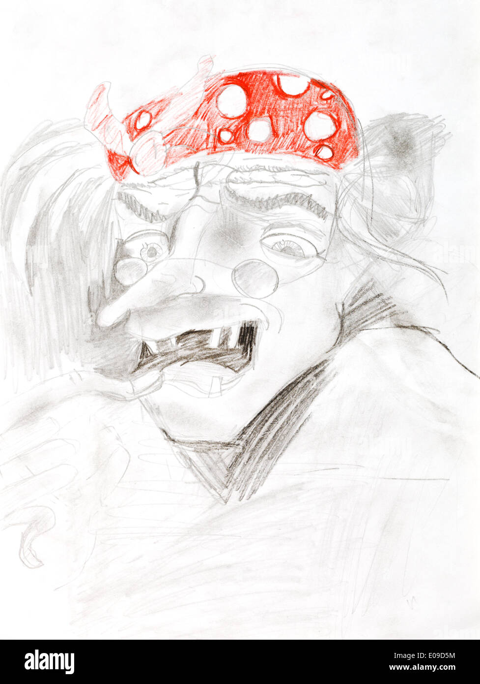Dessin enfants - portrait de sorcière - Vieille Femme au chapeau rouge Banque D'Images