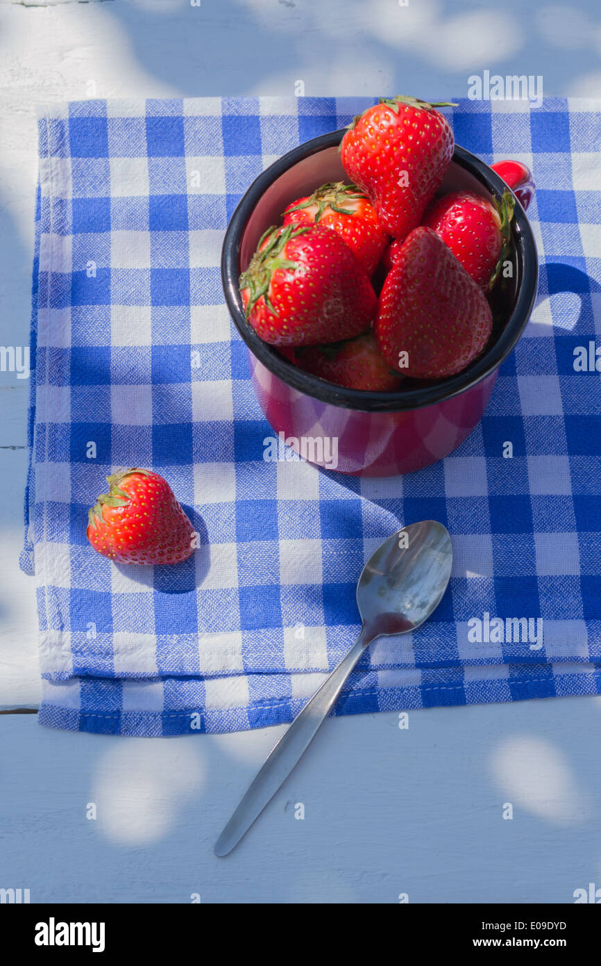 Un petit pot rouge rempli de fraises, une plus de fraise et cuillère sur un damier bleu et blanc. Banque D'Images
