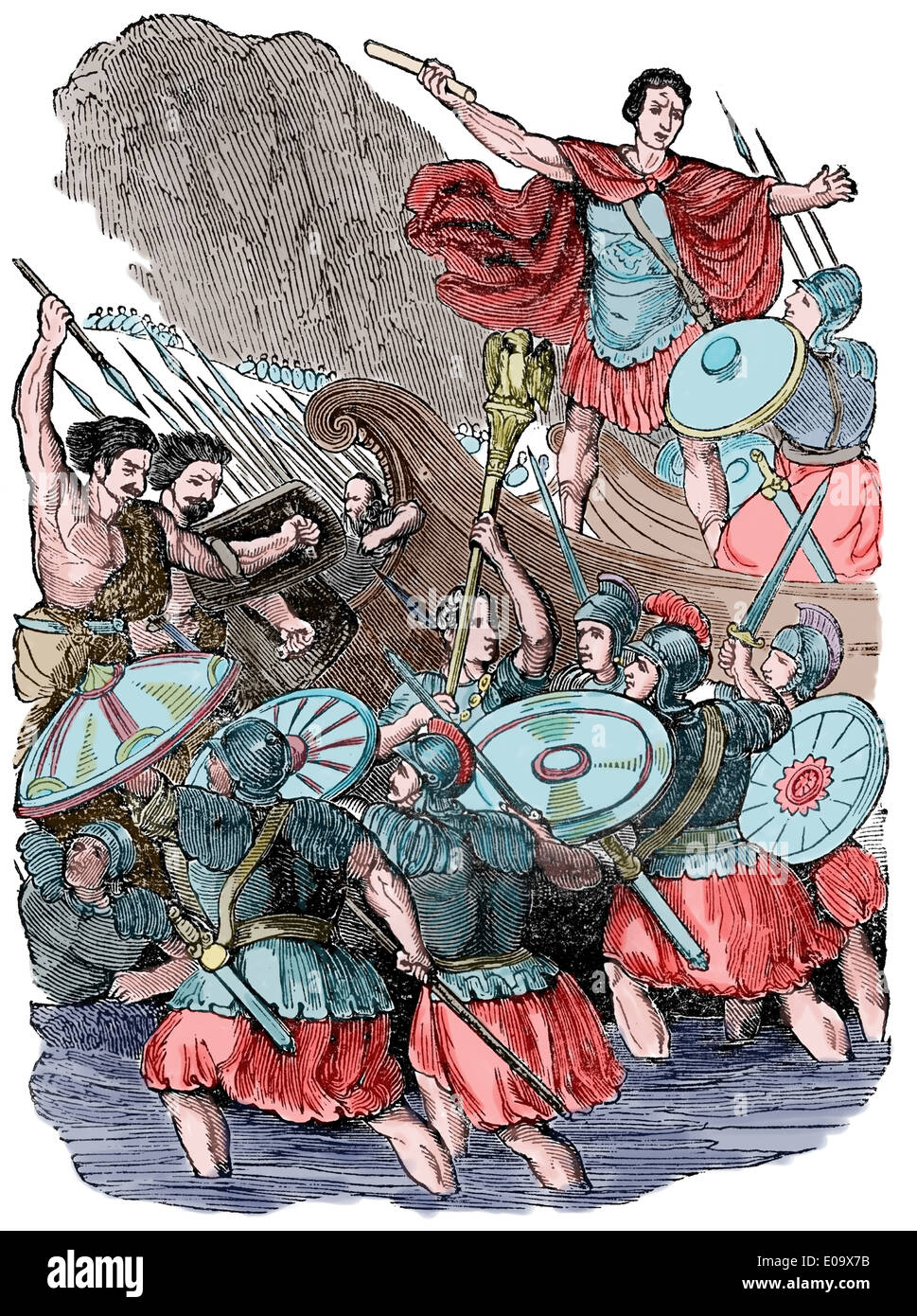 Invasion de la Bretagne. Jules César (100 BC-44 BC) en Angleterre. Débarquer. La gravure. La couleur. Banque D'Images