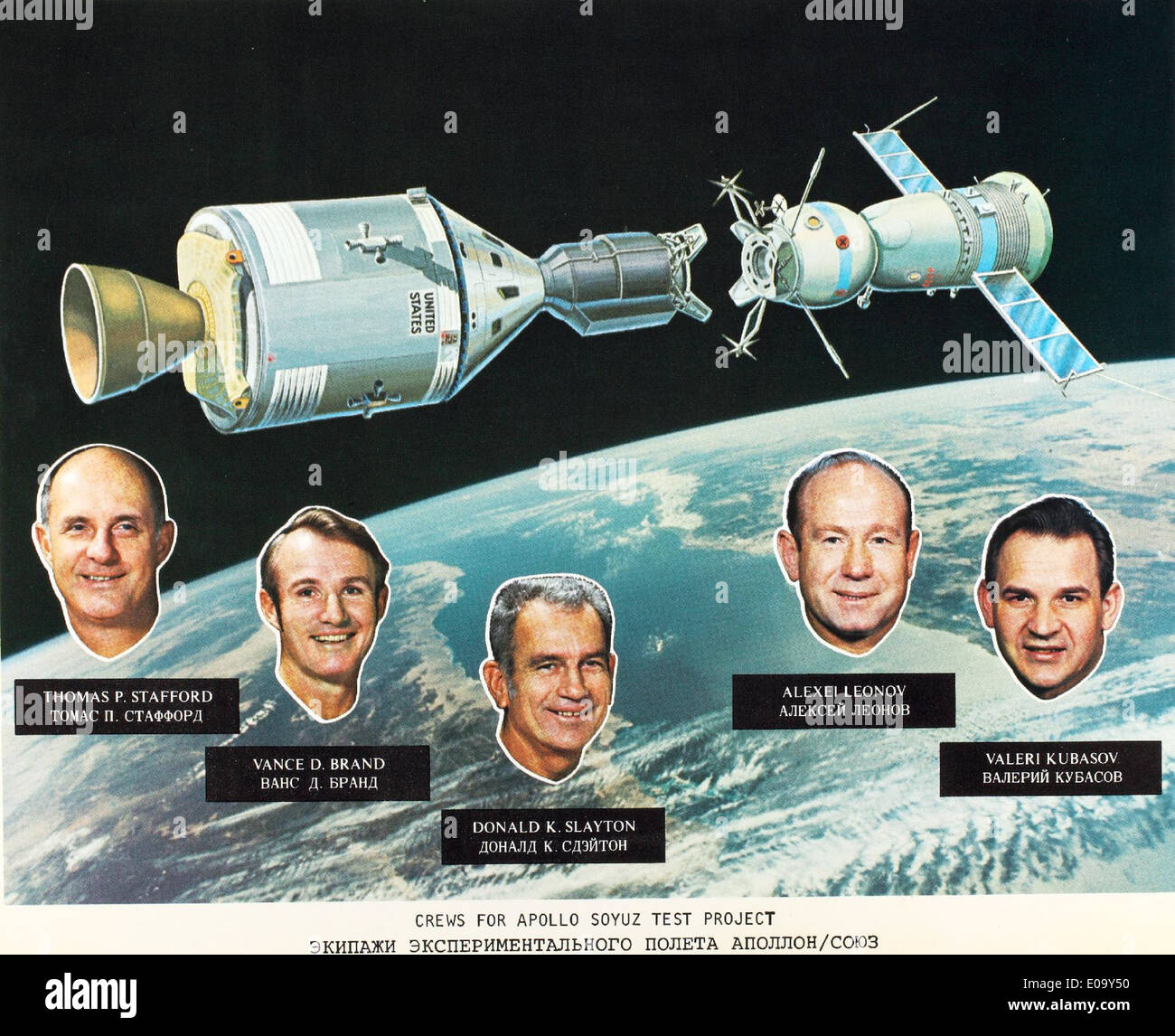 Le projet d'essai Apollo-Soyouz, mené du 15 au 24 juillet 1975, a été la première mission spatiale humaine internationale entre les États-Unis et l'Union soviétique. Cette mission historique a marqué la fin de la course à l'espace et le début de la coopération spatiale. Banque D'Images