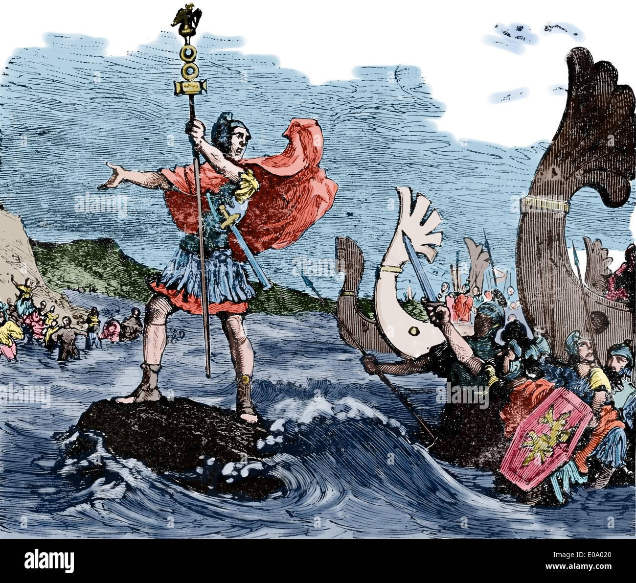 Invasion de la Bretagne. Jules César (100 BC-44 BC) . Navires soldats commandé. Gravure en couleur. Banque D'Images