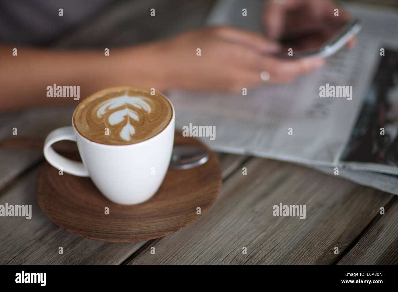 Close up of young woman using cellphone in cafe Banque D'Images