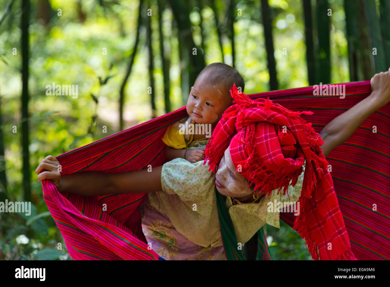 Pa-O woman wrapping bébé sur le dos, au Lac Inle, l'État de Shan, Myanmar Banque D'Images