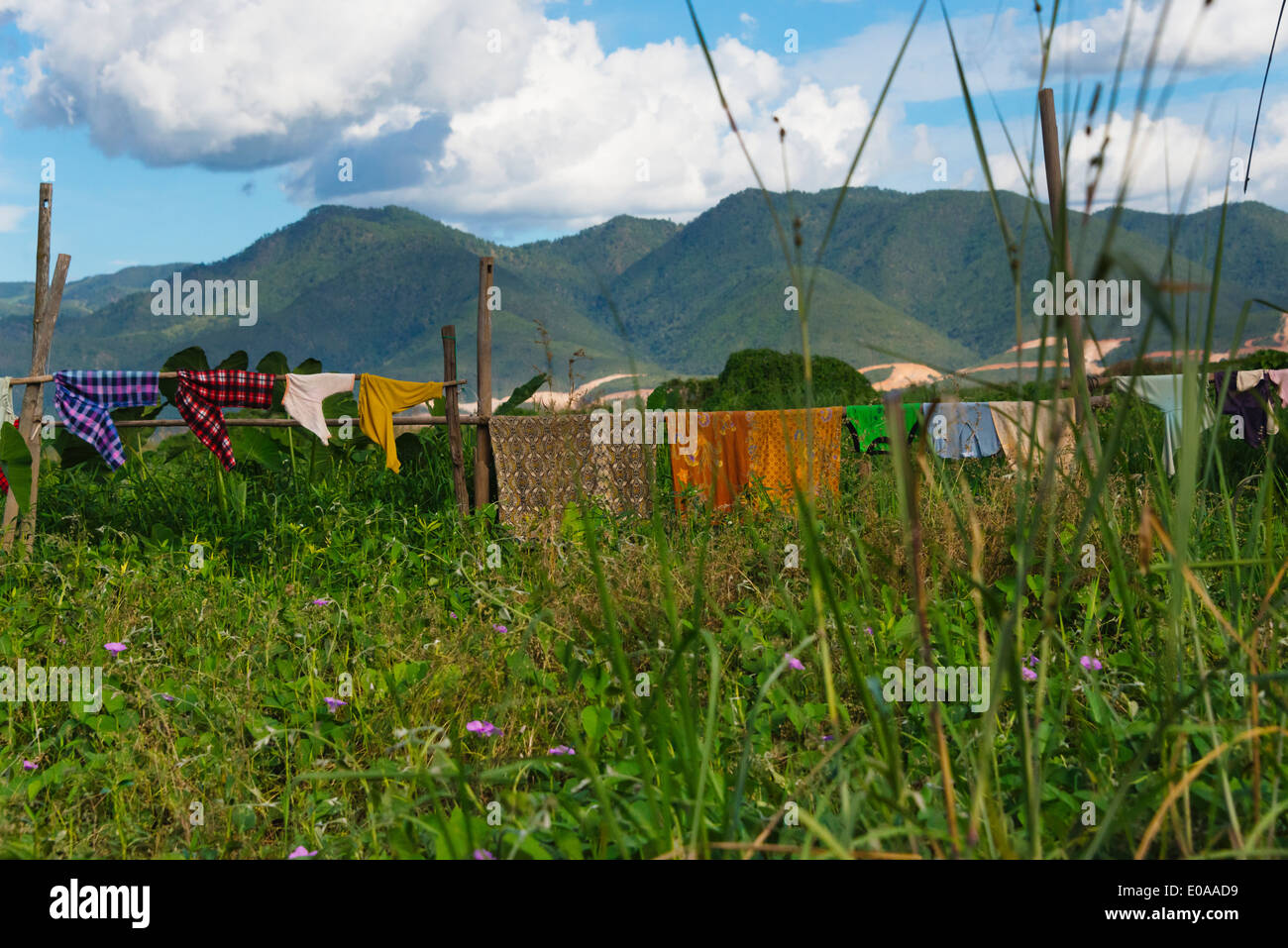 Blanchisserie de séchage sur la rive du lac Inle, l'État de Shan, Myanmar Banque D'Images