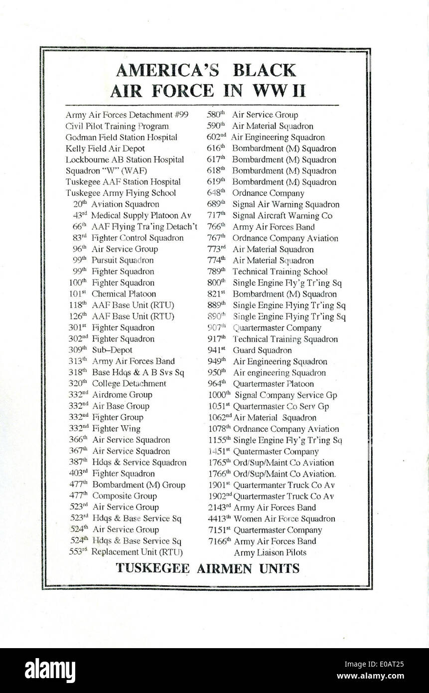 Ce livret documente les contributions des pilotes afro-américains, les aviateurs Tuskegee, pendant la première Guerre mondiale. Ils ont été des pionniers de l'aviation militaire et ont joué un rôle crucial dans le succès de l'US Air Force pendant la guerre. Banque D'Images