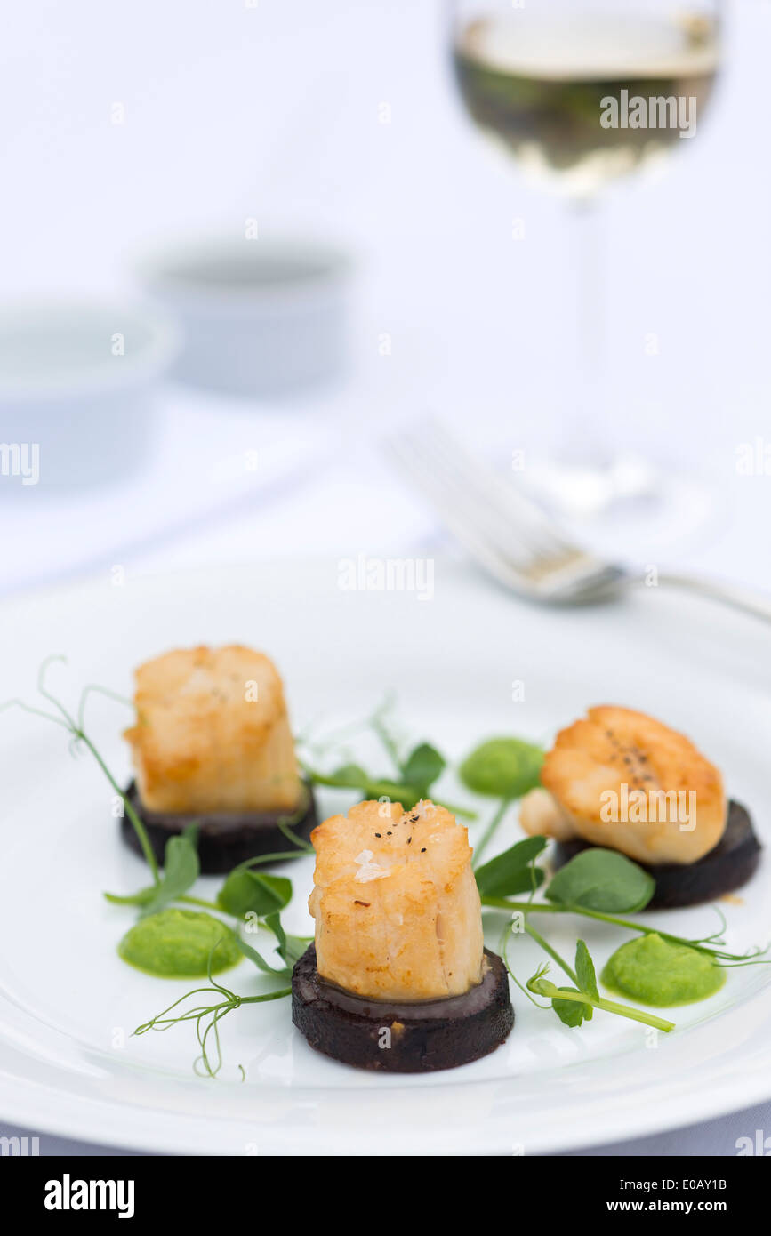 Pétoncles poêlés sur salade de boudin noir et les agneaux. Banque D'Images