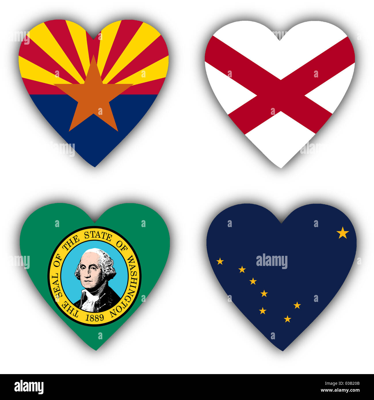 Drapeaux en forme de cœur 4 différents états des États-Unis Banque D'Images