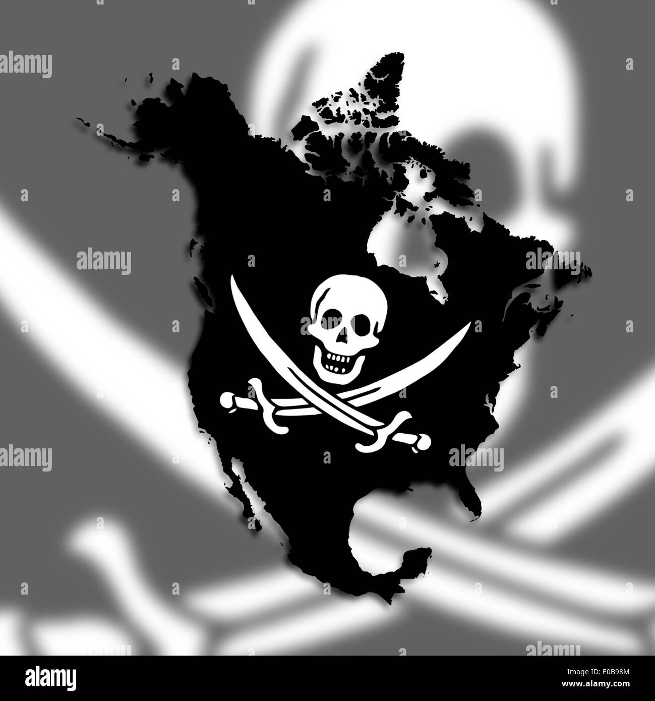 Carte de l'Amérique du Nord rempli d'un drapeau pirate isolé Banque D'Images