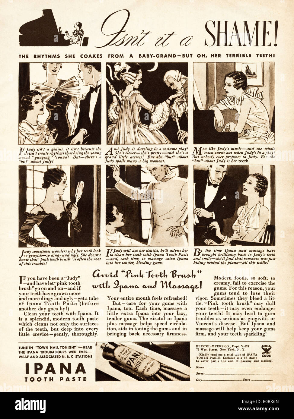 Annonce en format storyboard pour dentifrice IPANA par Bristol-Myers au magazine américain daté de décembre 1934 Banque D'Images