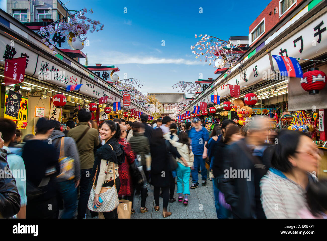 La rue Commerçante Nakamise-dori avec Senso-ji dans l'arrière-plan et la floraison des cerisiers, quartier d'Asakusa, Tokyo, Japon Banque D'Images