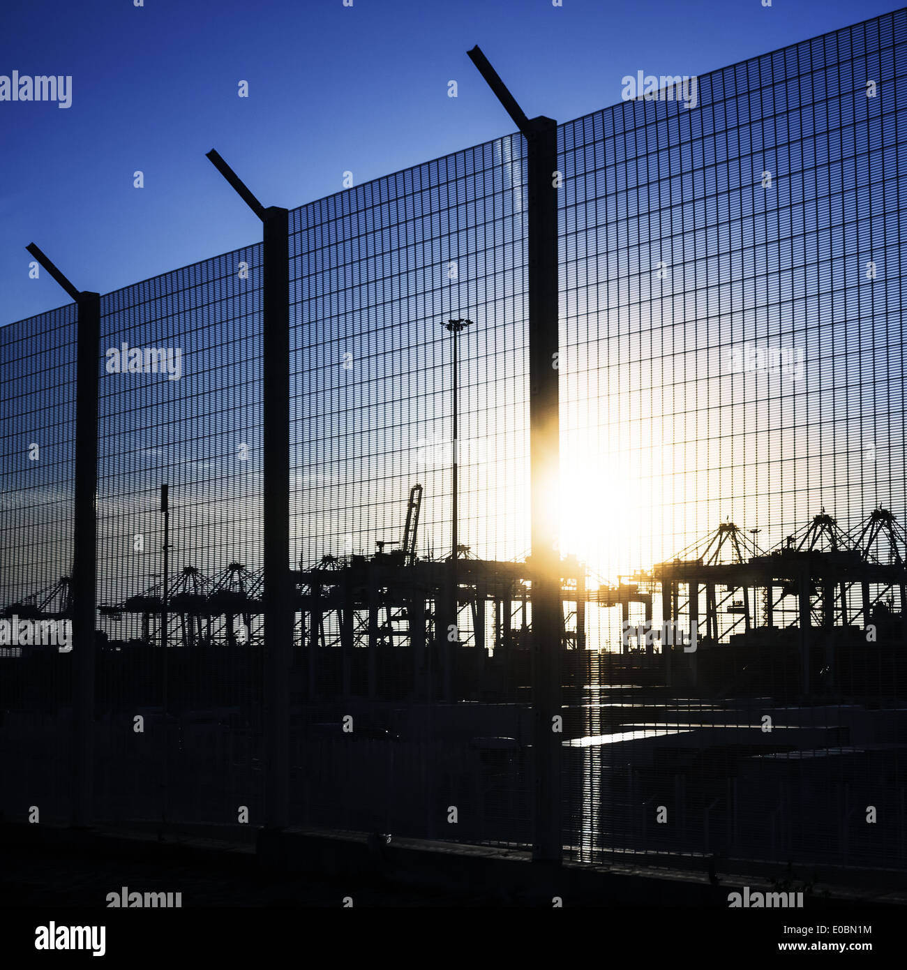 Zone portuaire clôture avec silhouettes de grues à conteneurs dans la lumière du soleil Banque D'Images