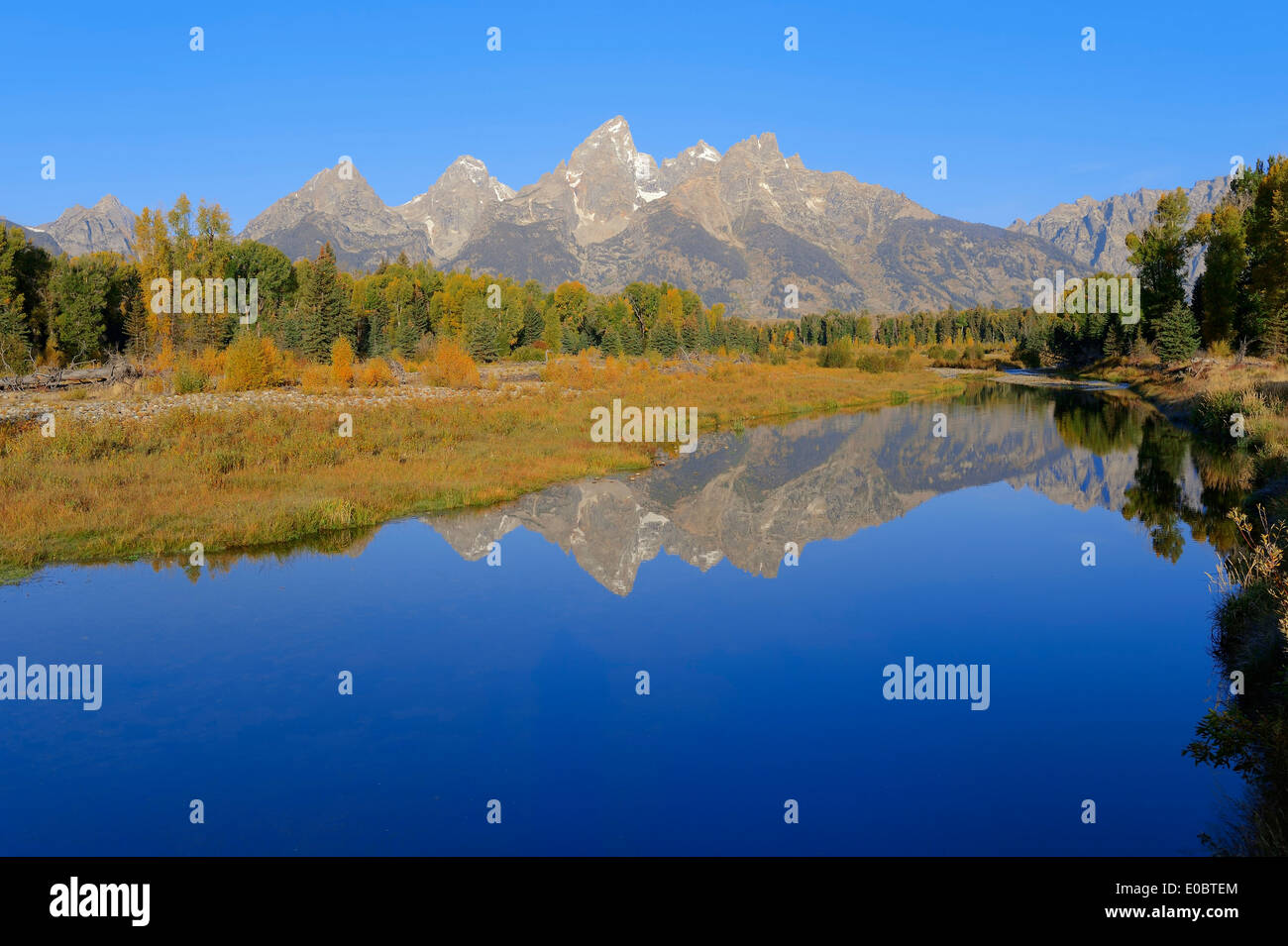 Teton Mountain Range en miroir dans la rivière Snake, Grand Teton National Park, Wyoming, USA Banque D'Images