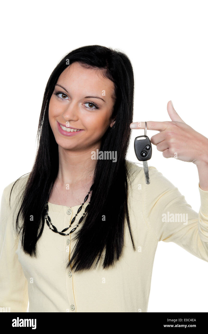 Femme avec clé de voiture permis de conduire après avoir vérifier, Frau mit nach Autoschluessel Fuehrerschein Pruefung Banque D'Images
