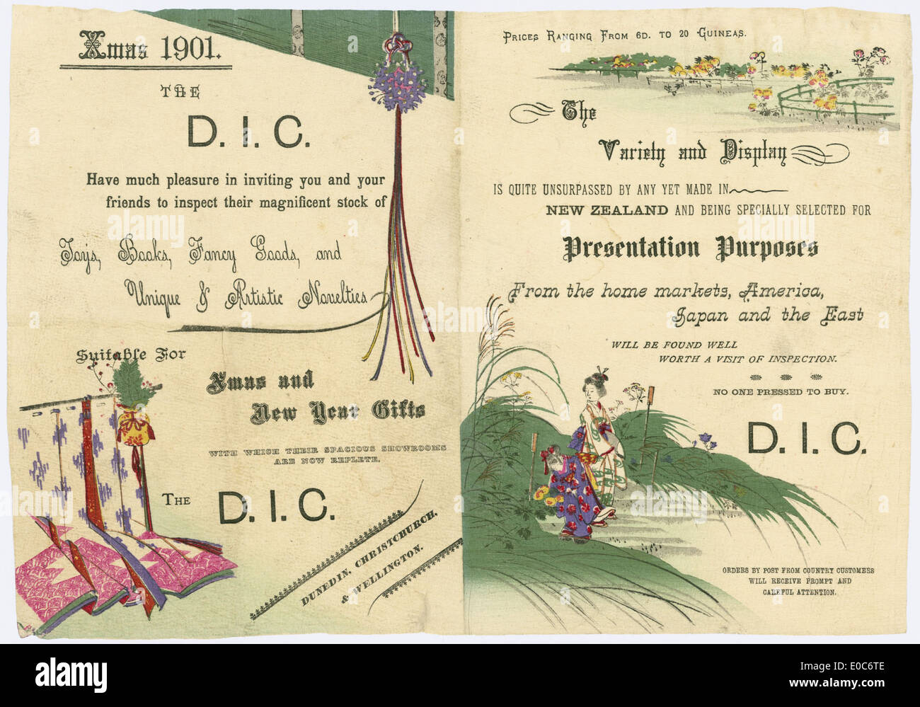 Une publicité historique de la D.I.C. (David Jones Limited) à Noël en 1901, mettant en vedette une promotion festive pour le grand magasin. Cela représente la publicité au détail du début du XXe siècle en Australie. Banque D'Images