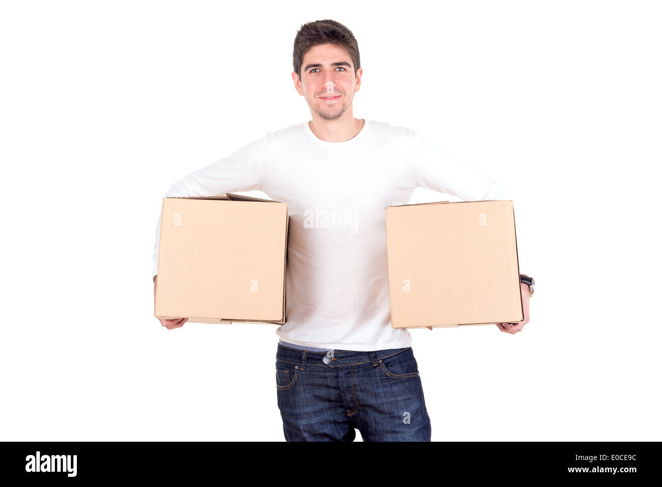 Beau jeune homme avec des boîtes en carton Banque D'Images