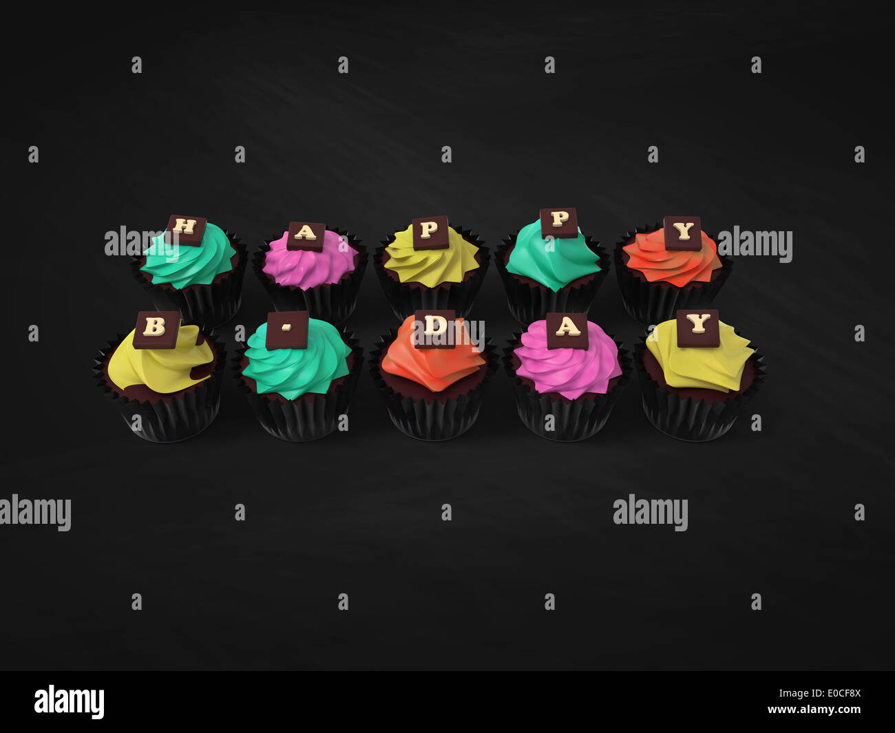 Joyeux Anniversaire Cupcakes Illustration De Muffins Colores Creme Sorciere Et Chocolat Lettres Sur Tableau Noir L Arriere Plan Photo Stock Alamy