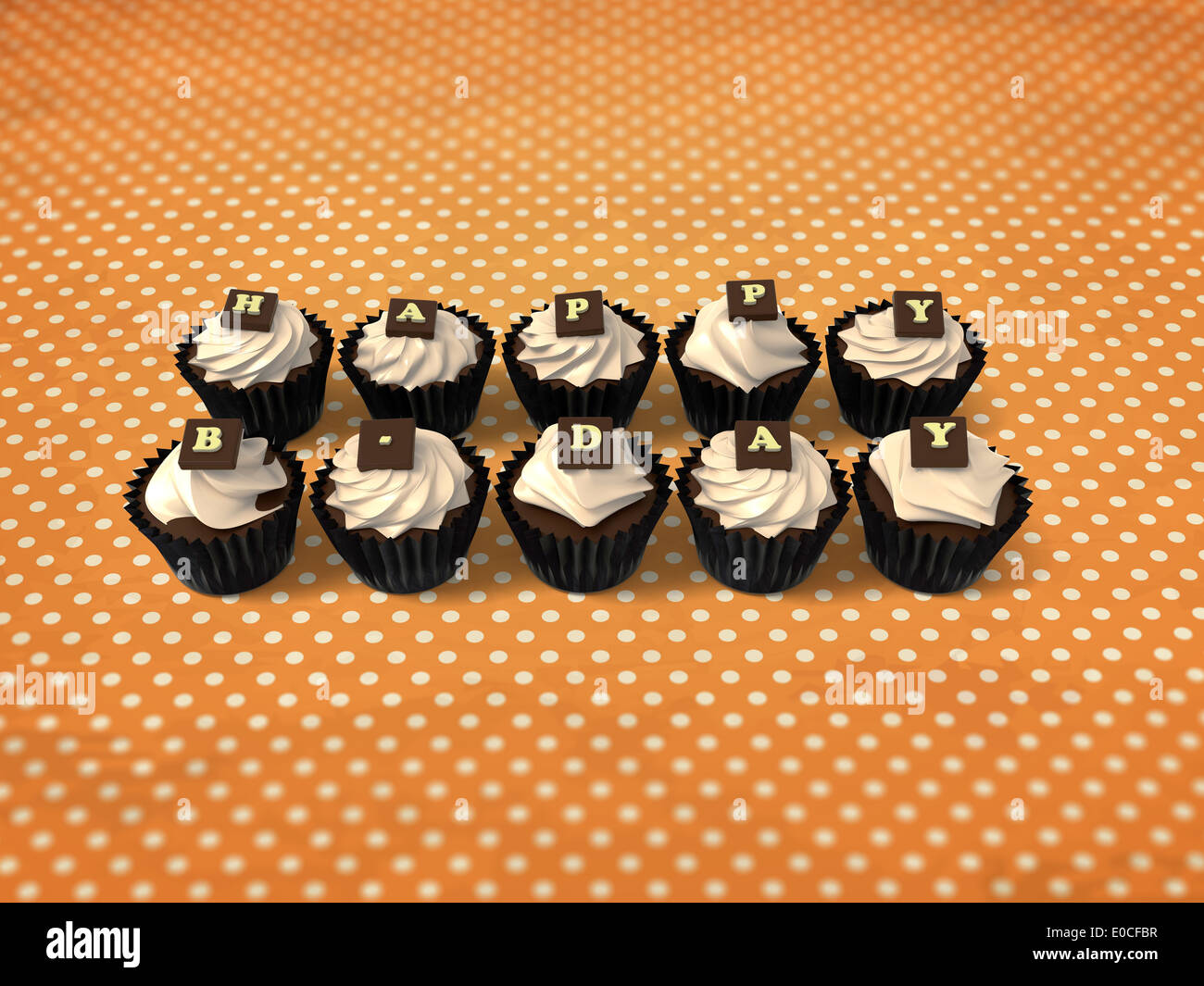 Joyeux Anniversaire Cupcakes Illustration De Muffins Colores Creme Sorciere Et Chocolat Blanc Sur Fond De Points Lettres Vintage Photo Stock Alamy