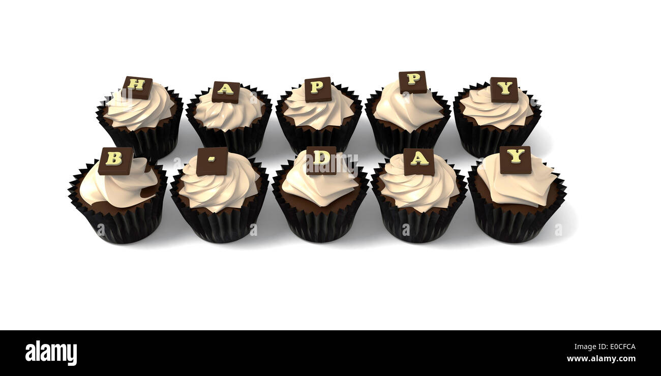 Joyeux Anniversaire Cupcakes Illustration De Sorciere Muffins Creme Beige Et Chocolat Blanc Lettres Blanches Photo Stock Alamy