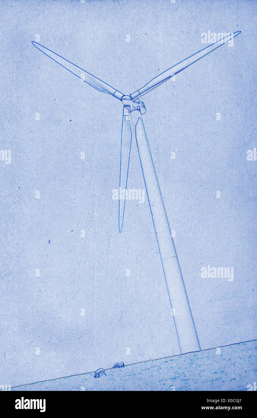 Grungy dessin technique ou plan illustration sur fond bleu Moulin moderne Banque D'Images