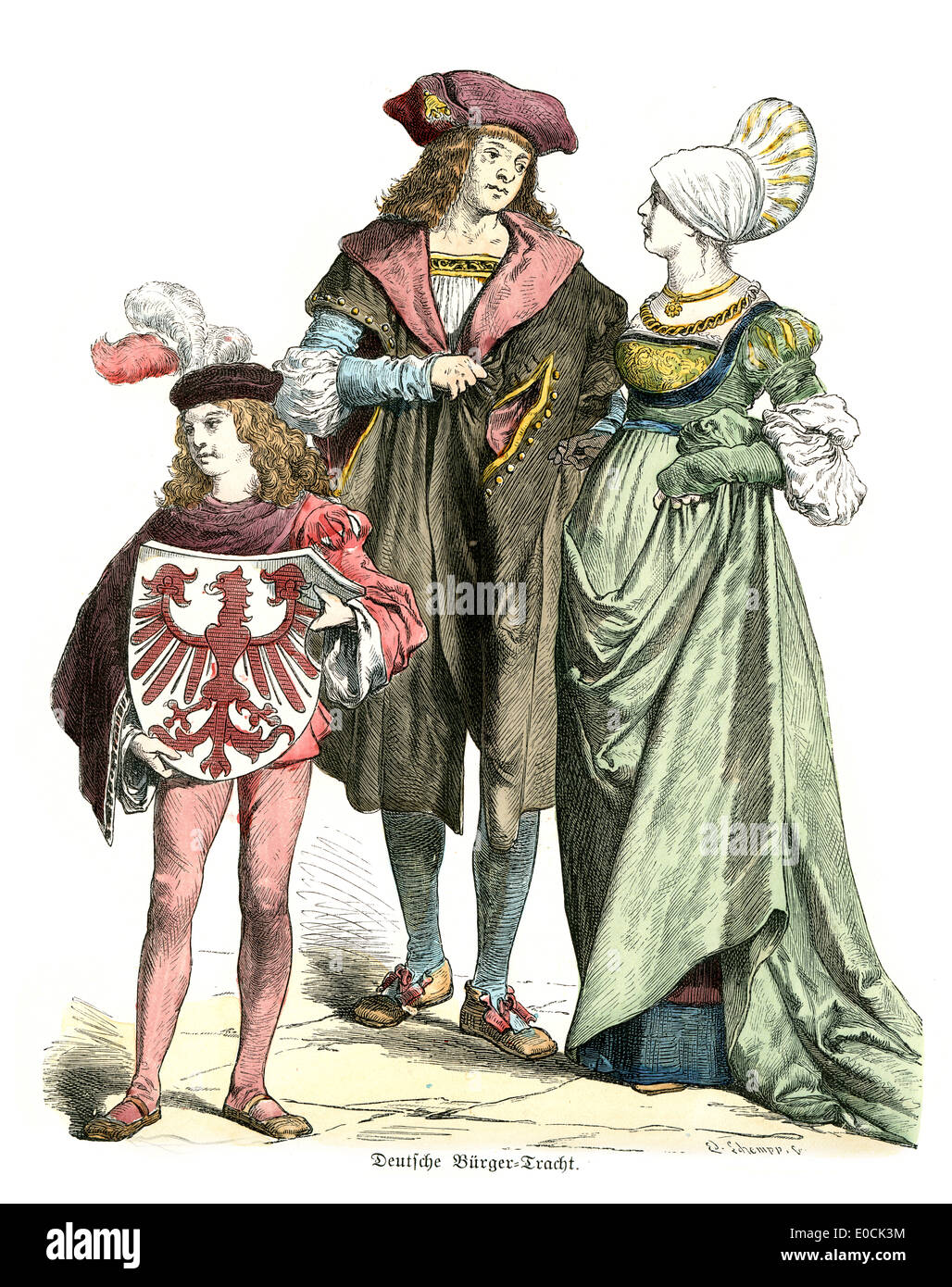 Costumes traditionnels de l'Allemagne au 16ème siècle, quelques nobles et page boy Banque D'Images