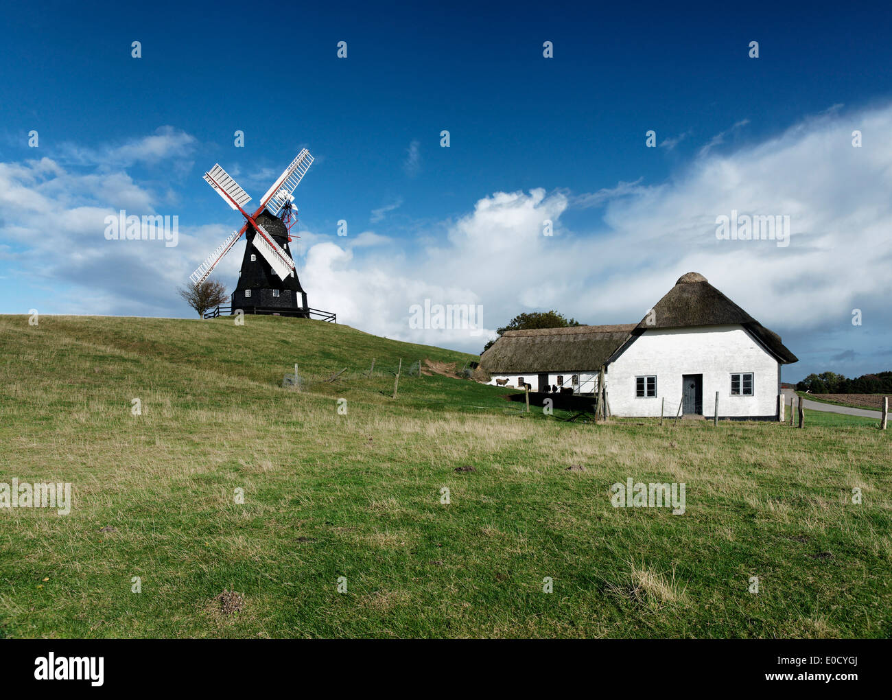 Moulin et maison sous ciel bleu, Hennetved, île de Croatie, Danemark, Europe Banque D'Images