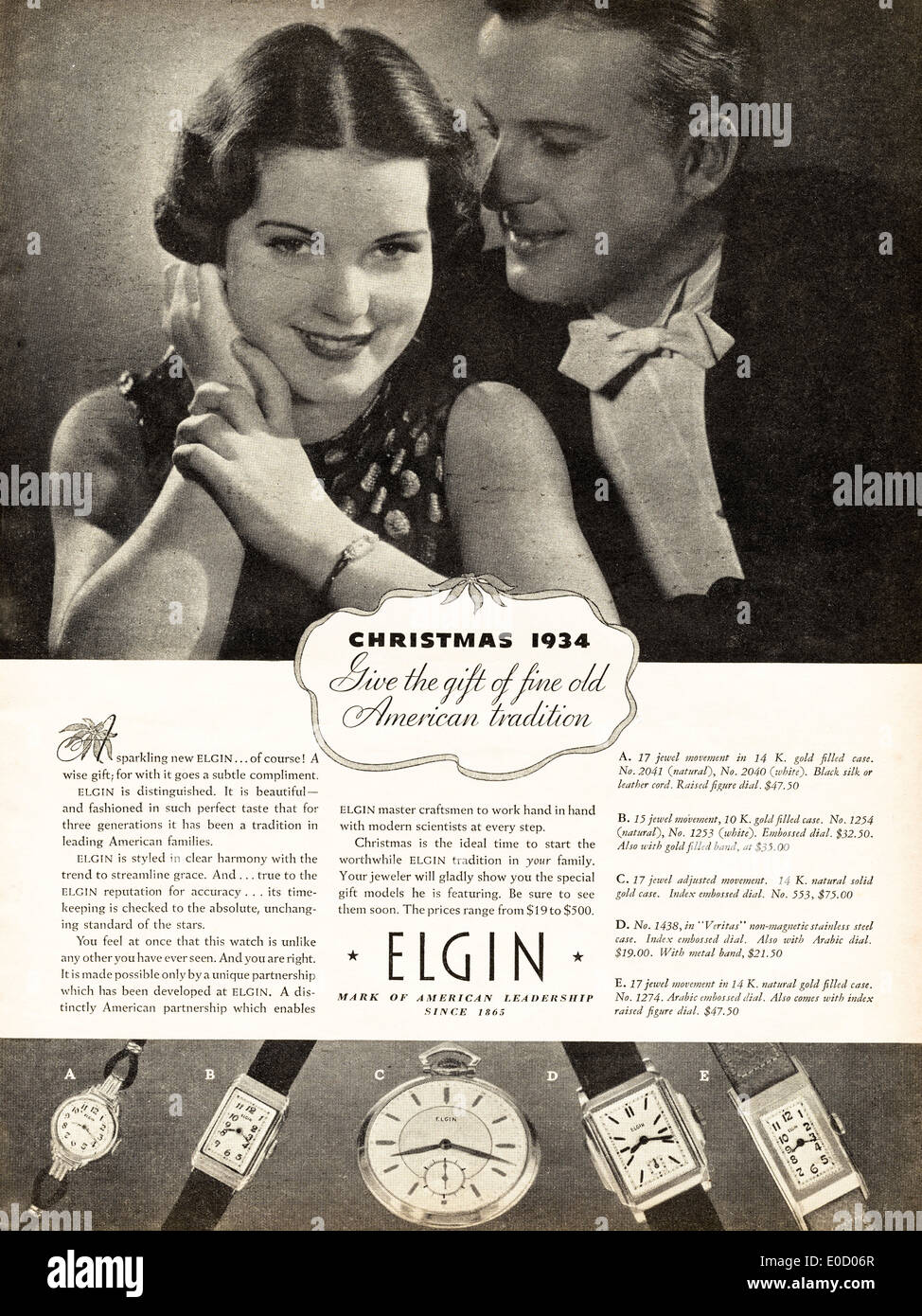 Publicité pour des montres ELGIN dans magazine américain daté de décembre 1934 Banque D'Images