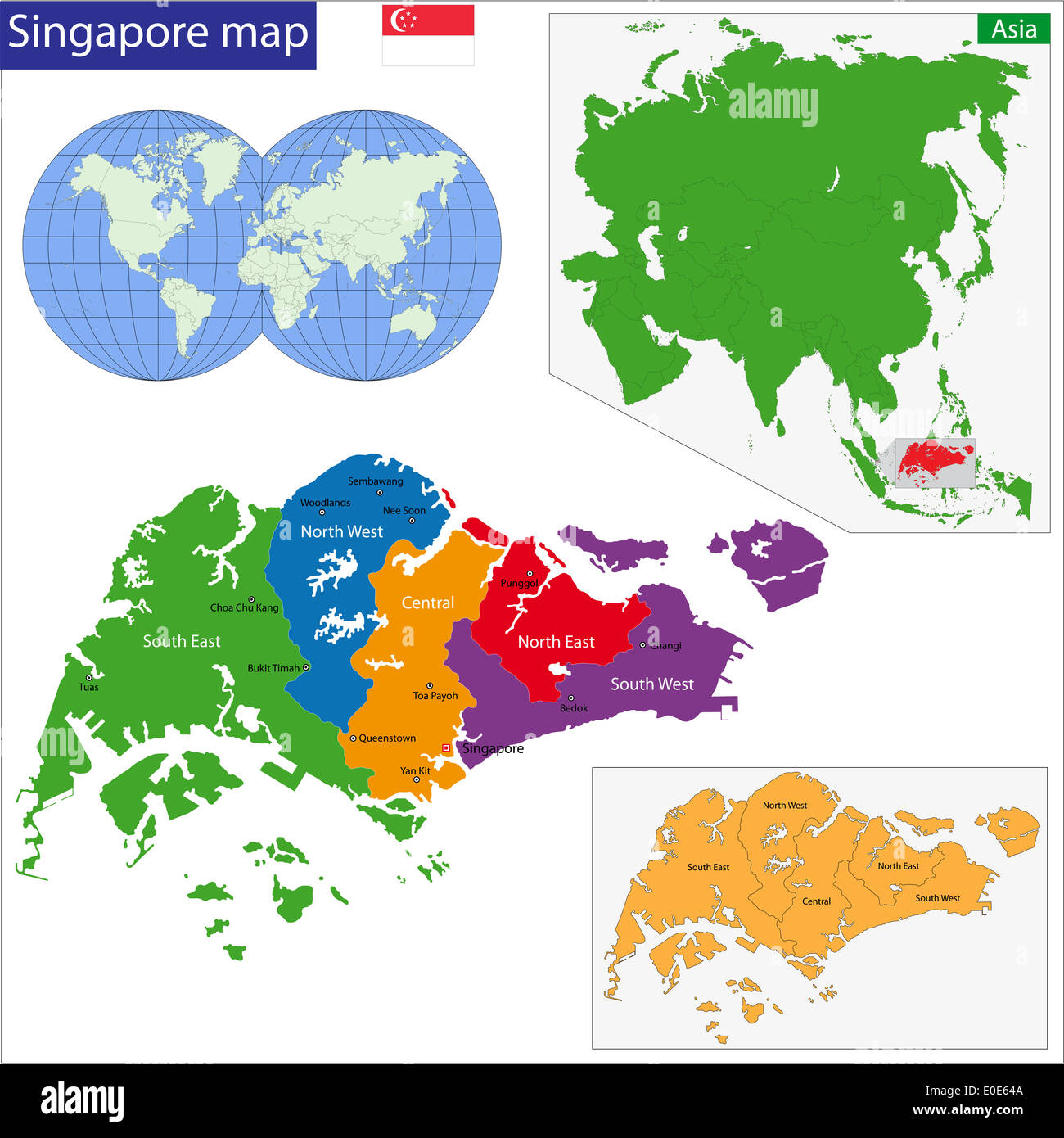 Carte de la République de Singapour dessiné avec beaucoup de détails et ...
