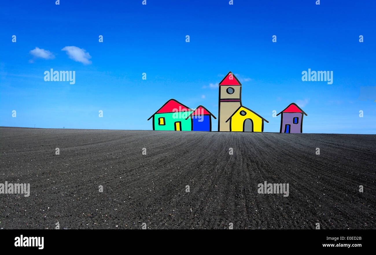 Caricature de maisons dans un champ, de nouvelles maisons sur des terres vierges concept Banque D'Images