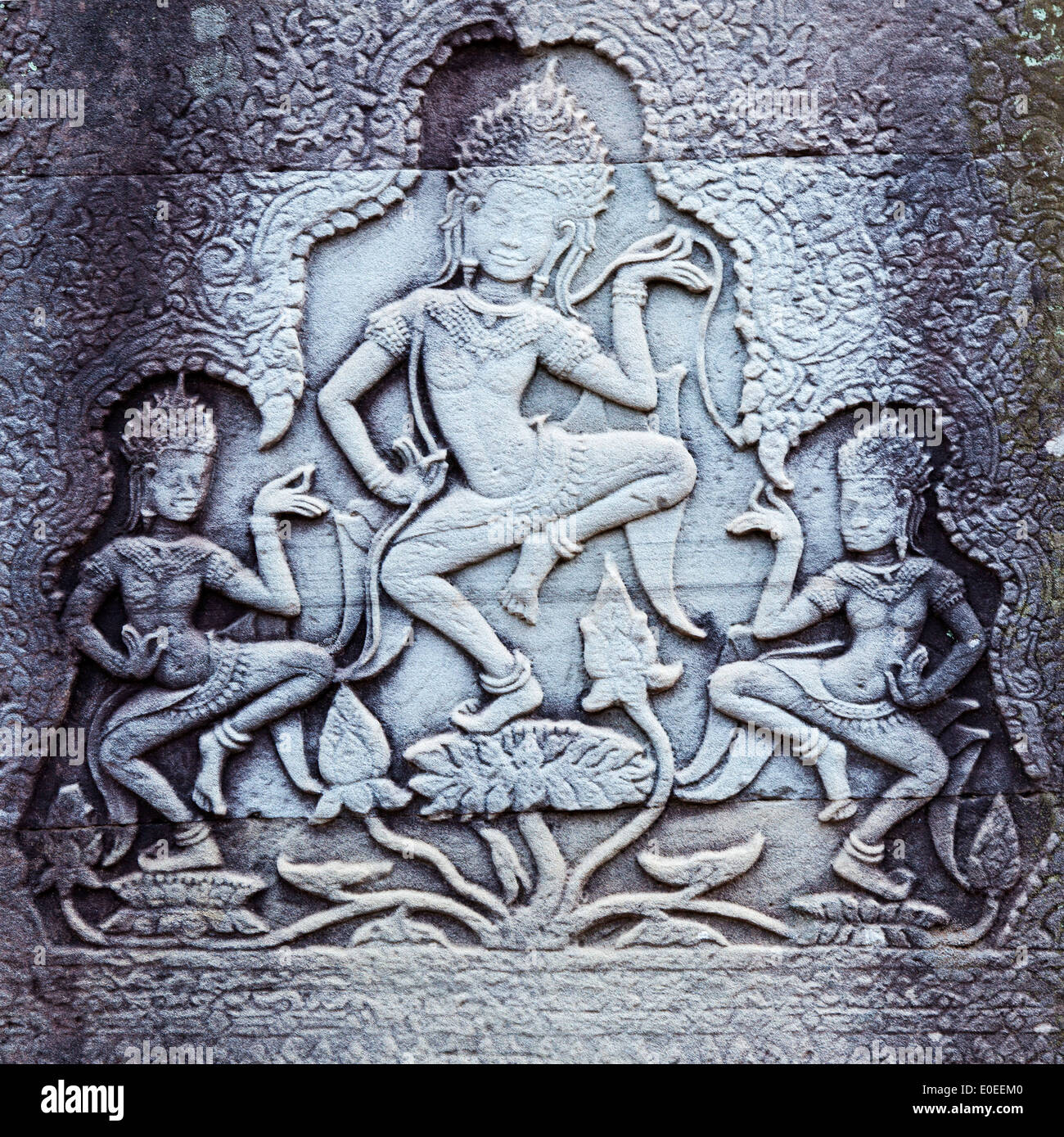 La sculpture sur pierre à Preah Khan Temple, Angkor, Cambodge Banque D'Images