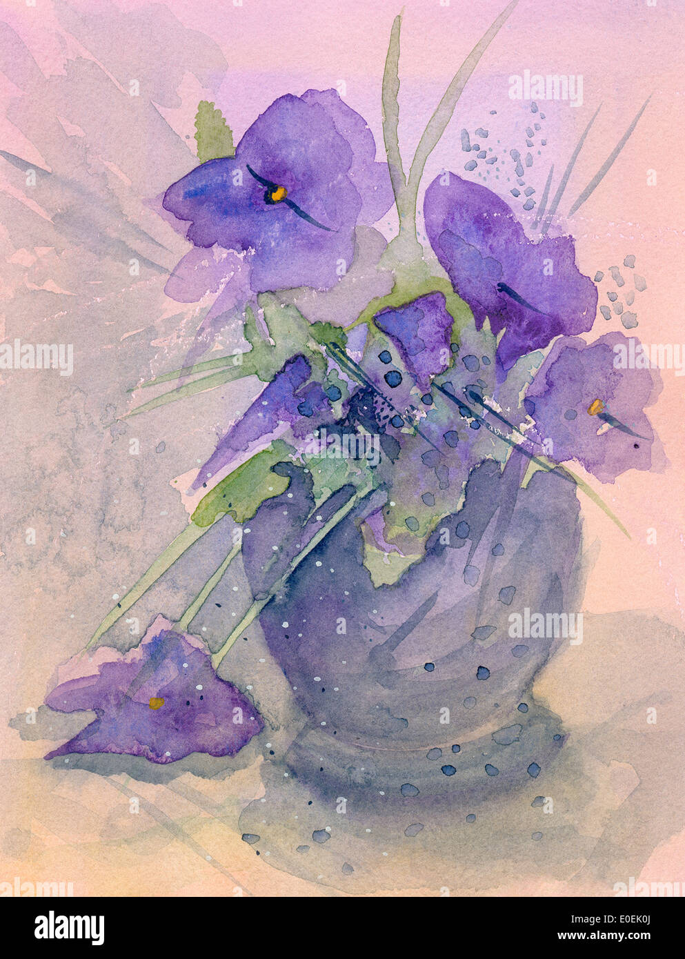 Violette, de l'aquarelle de décoration fait main, style romantique dans des teintes de violet et rose. Banque D'Images